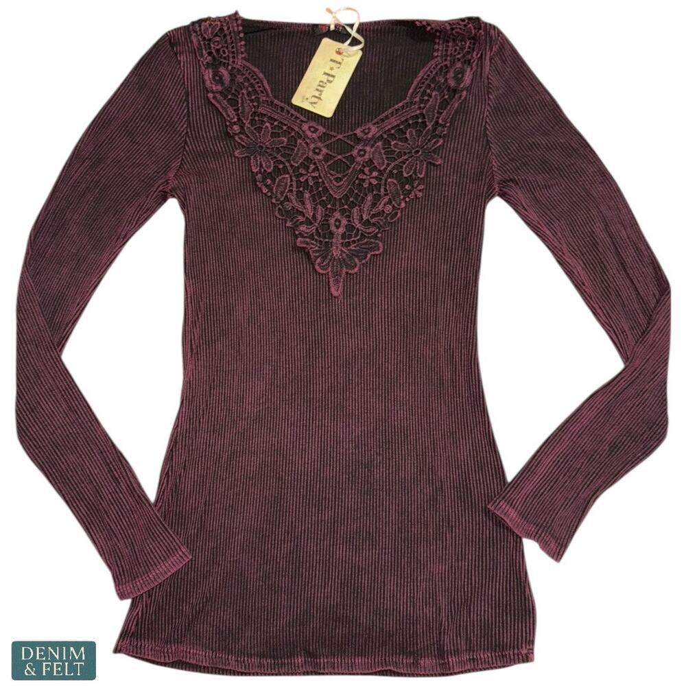 NEW TParty Boutique‎ Plum Lace Front Ribbed Long Sleeve Top Boho Western Vibes